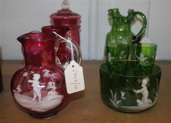 Mary Gregory glass jugs and beakers etc
